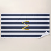 ヴィンテージモノグラムネイビーブルー&ホワイトストライプズストライプの ビーチタオル (正面)