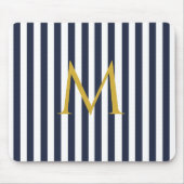 ヴィンテージモノグラムネイビーブルー&ホワイトストライプズストライプの マウスパッド (正面)