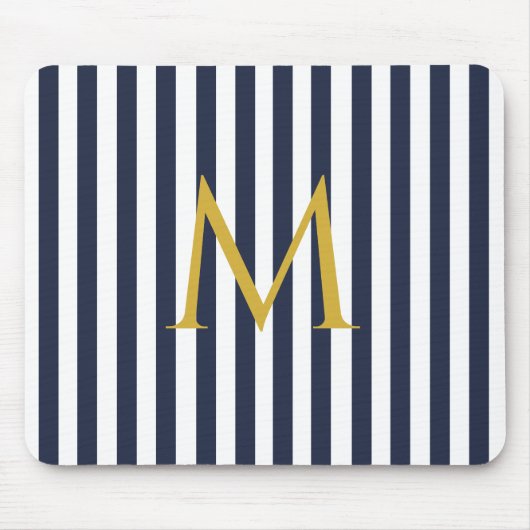 ヴィンテージモノグラムネイビーブルー&ホワイトストライプズストライプの マウスパッド (正面)