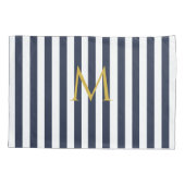 ヴィンテージモノグラムネイビーブルー&ホワイトストライプズストライプの 枕カバー (裏面)