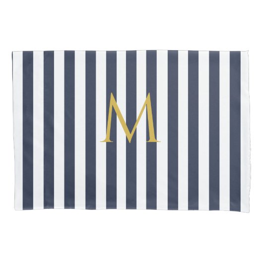 ヴィンテージモノグラムネイビーブルー&ホワイトストライプズストライプの 枕カバー (正面)