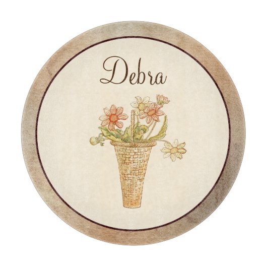 ヴィンテージモノグラムピンクと黄色の花 カッティングボード (正面)