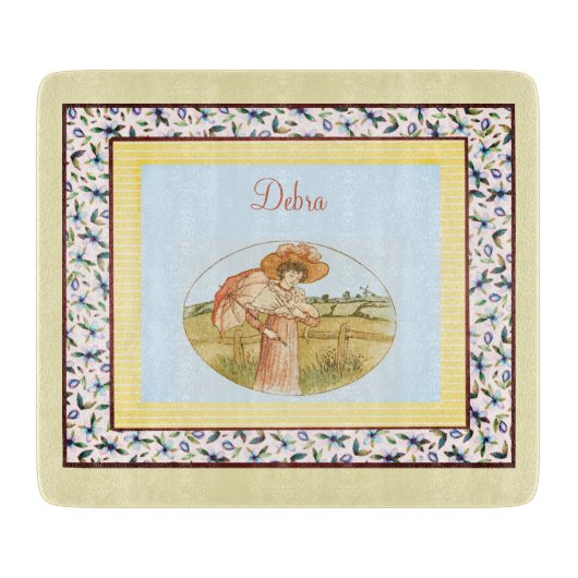 ヴィンテージモノグラムピンクブルーとイエローガーリー カッティングボード (正面)