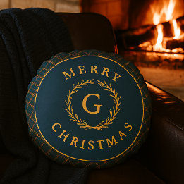 ヴィンテージモノグラムリースブループレイドクリスマスフォト ラウンドクッション