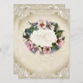 ヴィンテージモノグラムレースワイルドピンクローズスワールフォーマル 招待状 (正面/裏面)