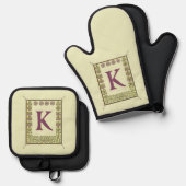 ヴィンテージモノグラム文字フローラフレーム新しい 鍋つかみ&鍋敷きセット (正面/裏面)