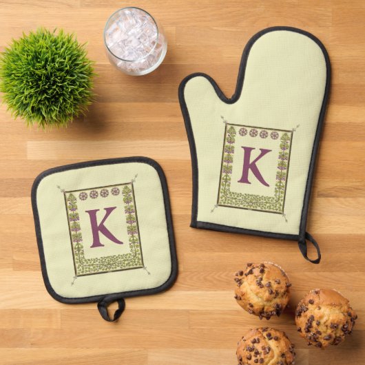 ヴィンテージモノグラム文字フローラフレーム新しい 鍋つかみ&鍋敷きセット (トップダウン)