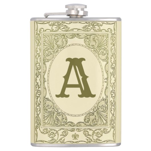 ヴィンテージモノグラム縁どの文字ビクトリアン緑 フラスク (正面)