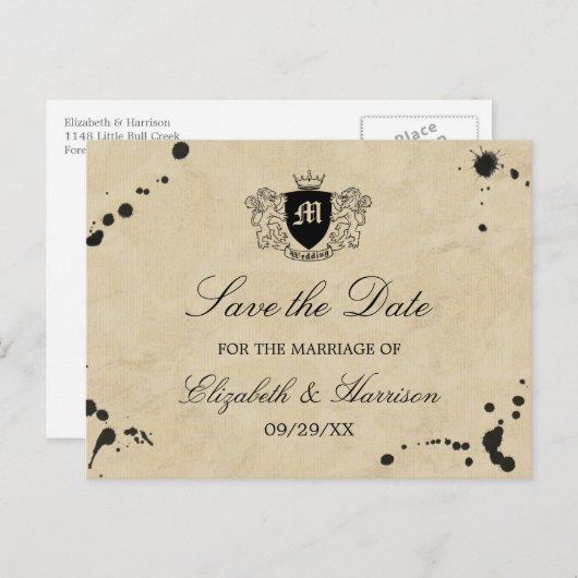 ヴィンテージモノグラム&インクステインウェディング日付を保存 案内ポストカード (正面/裏面)