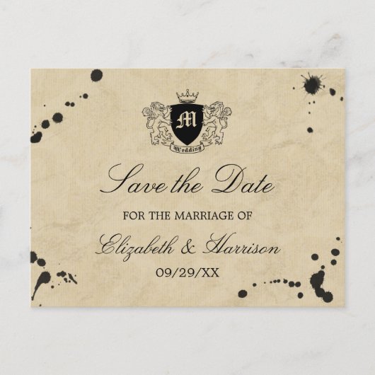 ヴィンテージモノグラム&インクステインウェディング日付を保存 案内ポストカード (正面)
