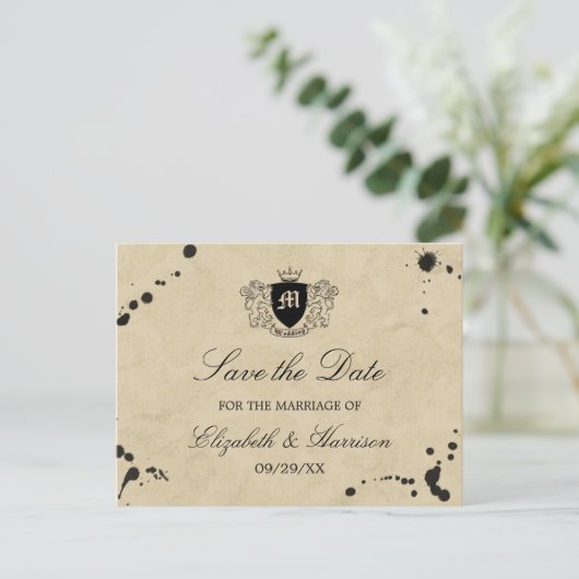 ヴィンテージモノグラム&インクステインウェディング日付を保存 案内ポストカード (スタンド正面)