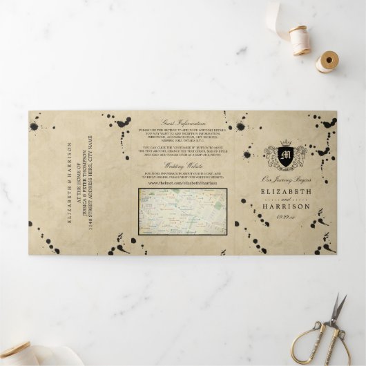 ヴィンテージモノグラム&インクステイン結婚ズスイート 三つ折り招待状 (外部)