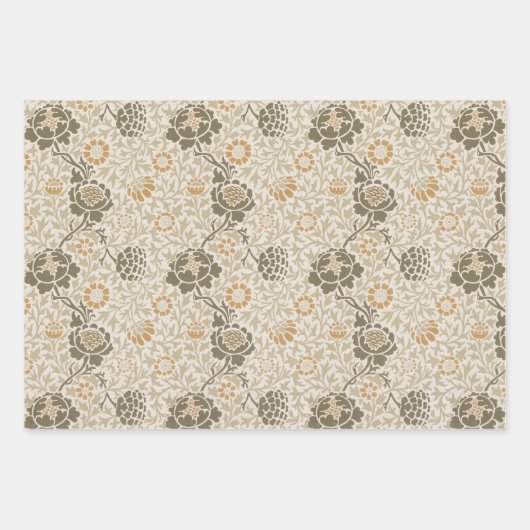 ヴィンテージモリスブラウンフローラベージュ花のパターン ラッピングペーパーシート (正面3)