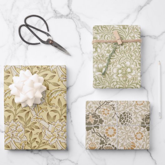 ヴィンテージモリスブラウンフローラベージュ花のパターン ラッピングペーパーシート (正面)