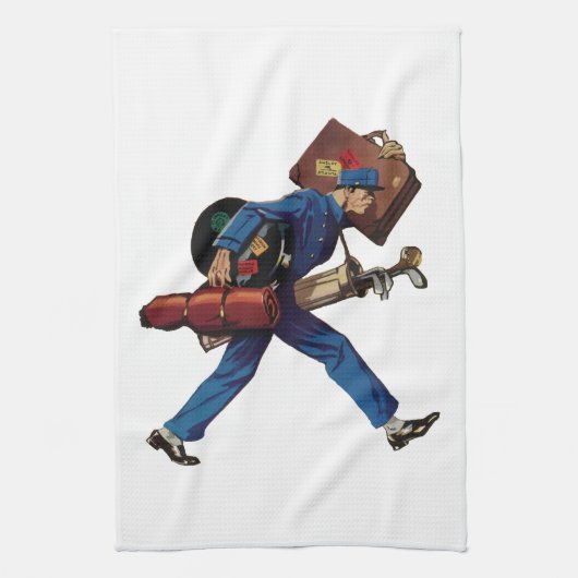 ヴィンテージユニフォーム、スーツケース、ゴルフクラブ キッチンタオル (縦)