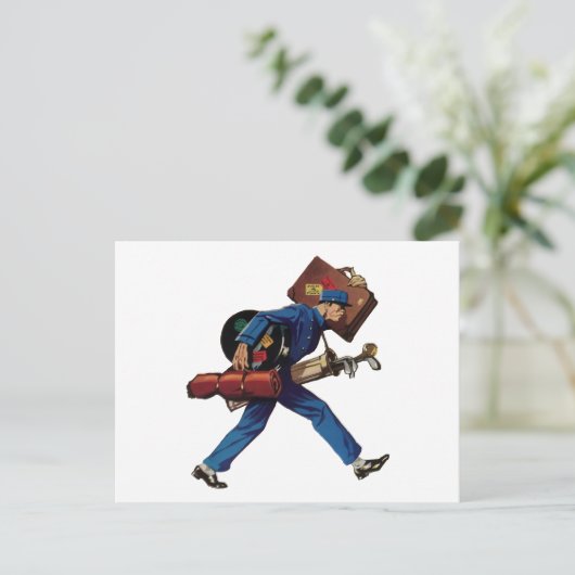 ヴィンテージユニフォーム、スーツケース、ゴルフクラブ ポストカード (スタンド正面)