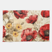 ヴィンテージユニークひまわり赤いケシ柄 キッチンタオル (横)
