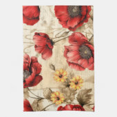 ヴィンテージユニークひまわり赤いケシ柄 キッチンタオル (縦)