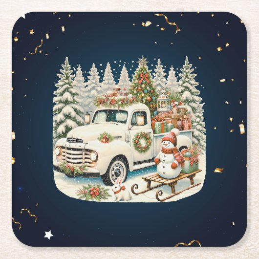 ヴィンテージユニーククリスマスの風景 スクエアペーパーコースター (正面)