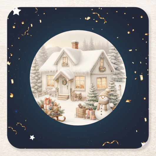 ヴィンテージユニーククリスマスの風景 スクエアペーパーコースター (正面)