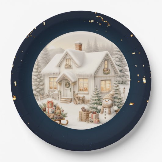 ヴィンテージユニーククリスマスの風景 ペーパープレート (正面)