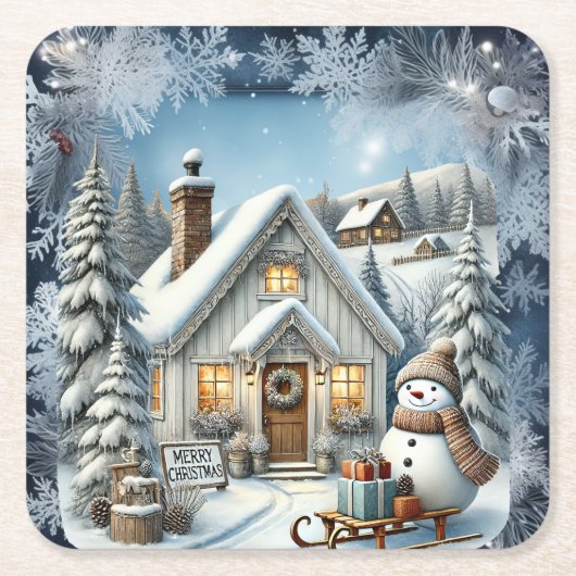 ヴィンテージユニーククリスマスシーナリー紙プレート スクエアペーパーコースター (正面)