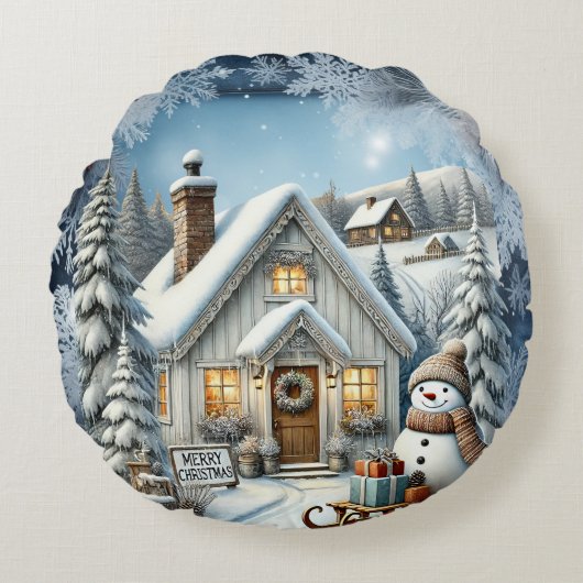 ヴィンテージユニーククリスマスシーナリー紙プレート ラウンドクッション (正面)