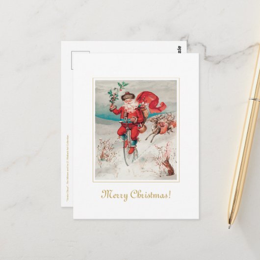 ヴィンテージユニークサンタオンサイクリスマスアート ポストカード (正面/裏面インサイチュ)