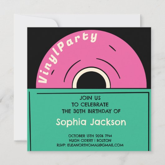 ヴィンテージユニークレトロビニル誕生日成人パーティー 招待状 (正面)