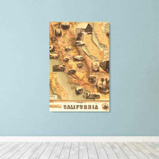ヴィンテージユニーク復元されたカリフォルニアの地図, 1885 キャンバスプリント (インサイチュ (ウッドフロア))