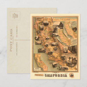ヴィンテージユニーク復元されたカリフォルニアの地図, 1885 ポストカード