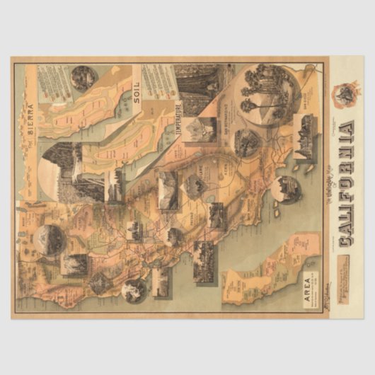 ヴィンテージユニーク復元カリフォルニアマップ、デコページ 薄葉紙 (正面)