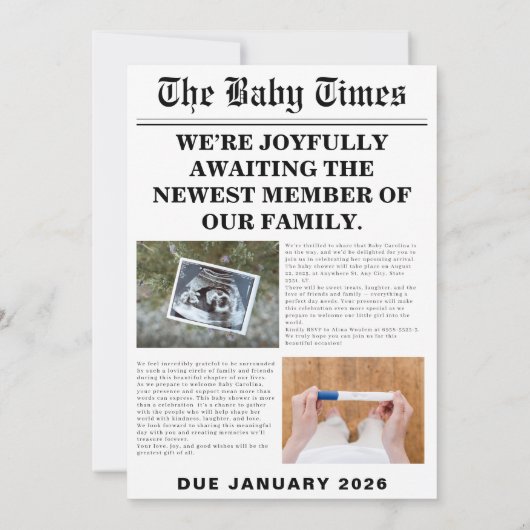 ヴィンテージユニーク新聞の赤ちゃんシャワー 招待状 (裏面)