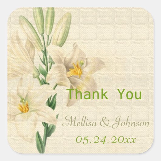 ヴィンテージユリ花結婚式の引き出物感謝していユー スクエアシール (正面)