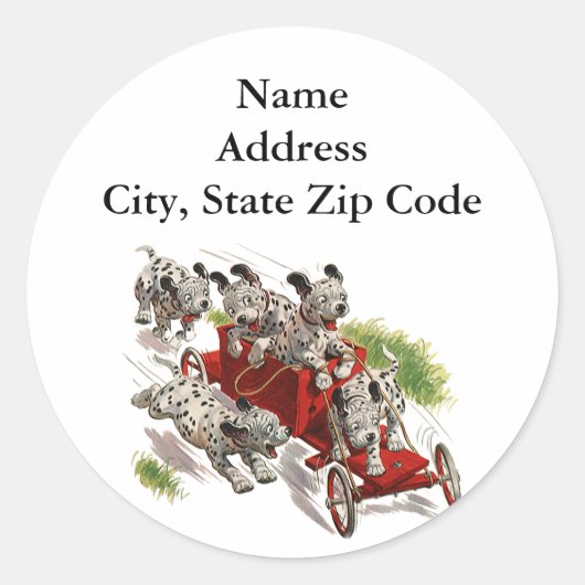 ヴィンテージユーモアかわいいダルマチアンパピードッグス消防車 ラウンドシール (正面)