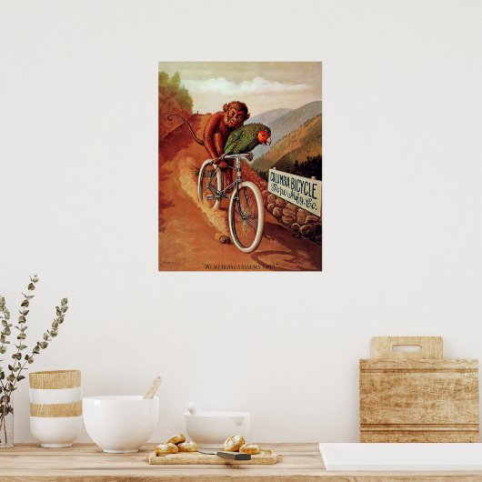 ヴィンテージユーモアのあるモンキーオウム自転車 ポスター (キッチン)