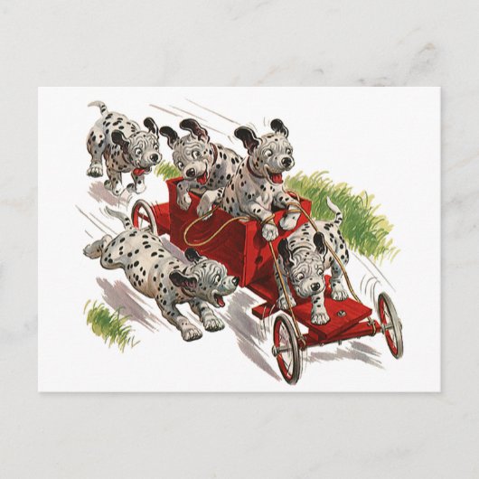 ヴィンテージユーモアカワイトダルマティアンの子犬消防車 ポストカード (正面)