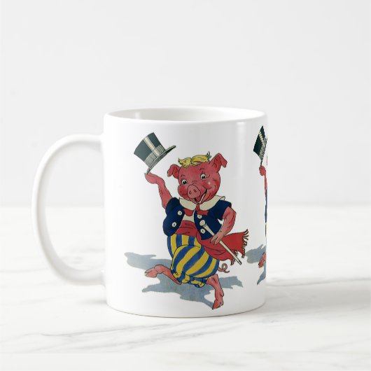 ヴィンテージユーモア、かわいい幸せな踊り豚のダンス コーヒーマグカップ (左)