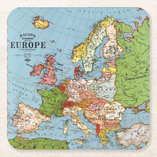 ヴィンテージヨーロッパ20世紀一般地図リトグラフ スクエアペーパーコースター (正面)