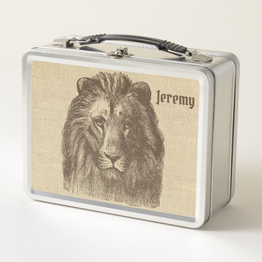 ヴィンテージライオンイラストレーションオンバーラップパーソナライズされた メタルランチボックス (正面)