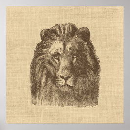 ヴィンテージライオンイラストレーションオンバーラップ ポスター