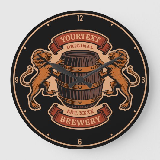ヴィンテージライオンオークバレルパーソナライズされたブルワリービール ラージ壁時計 (正面)