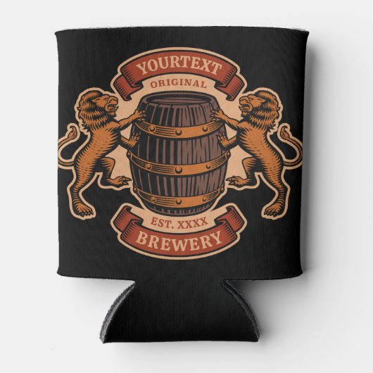 ヴィンテージライオンオークバレルパーソナライズされたブルワリービール 缶クーラー (正面)