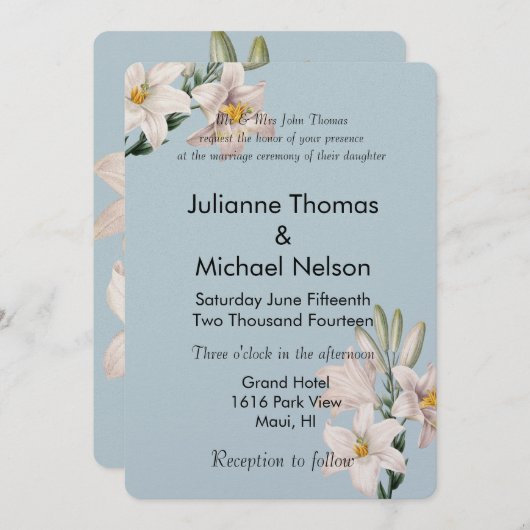 ヴィンテージライズブルーホワイトフローラ結婚ズ 招待状 (正面/裏面)