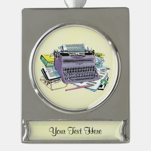 ヴィンテージライターズツールタイプライター紙鉛筆 シルバープレートバナーオーナメント (正面)