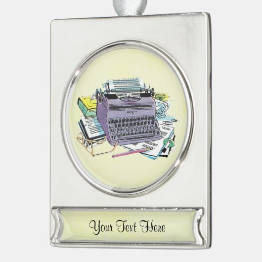 ヴィンテージライターズツールタイプライター紙鉛筆 シルバープレートバナーオーナメント (左)