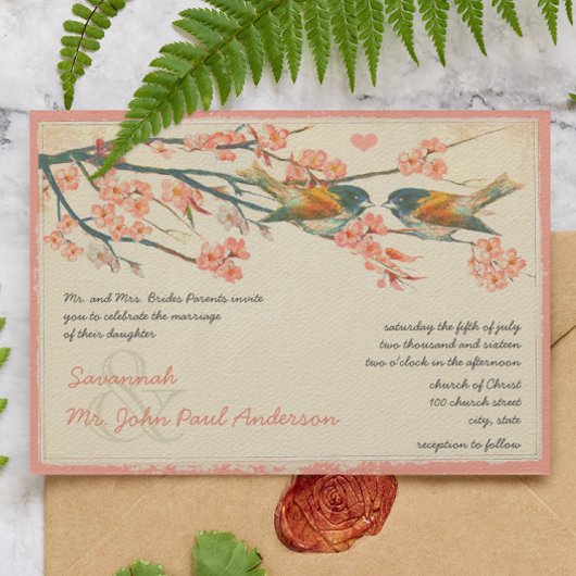 ヴィンテージライトコーラルティール（緑がかった色）ラブバード結婚式の招待 招待状