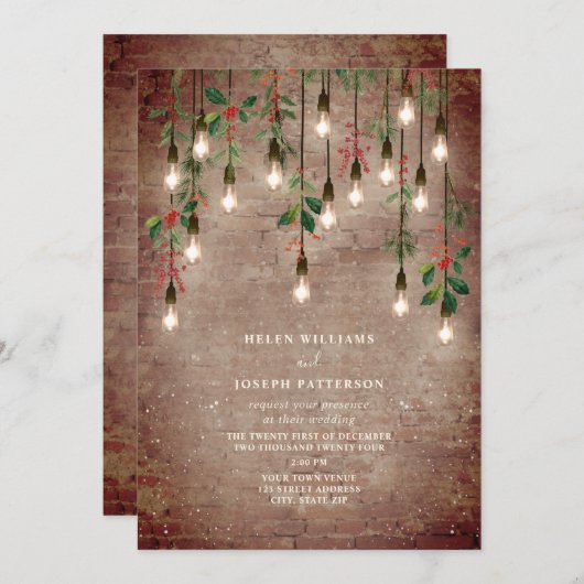 ヴィンテージライトブリッククリスマスウィンターウェディング 招待状 (正面/裏面)