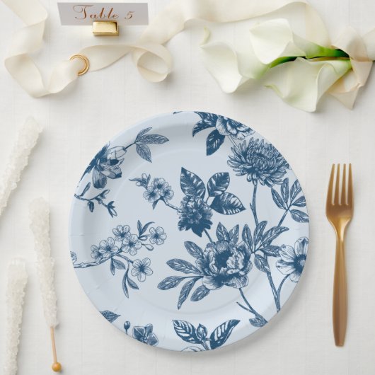 ヴィンテージライトブルーフローラトイルパターン ペーパープレート (ウェディング)