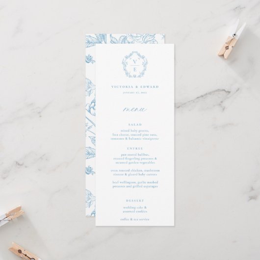 ヴィンテージライトブルーモノグラムクレストフローラメニュー 招待状 (正面/裏面インサイチュ)